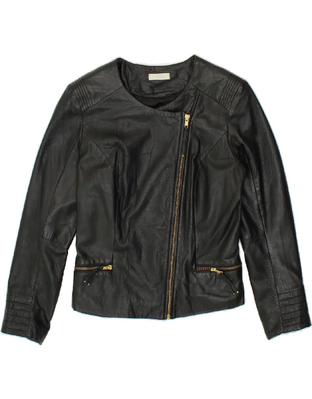 PROMOD Womens Bomber Leather Jacket UK 10 Small Black Leather