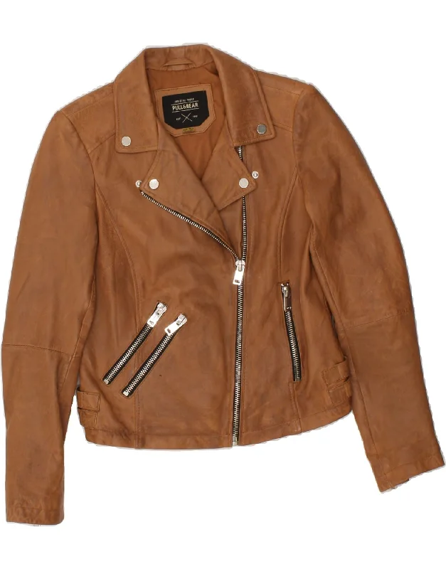 PULL & BEAR Womens Leather Jacket UK 12 Medium Brown Leather