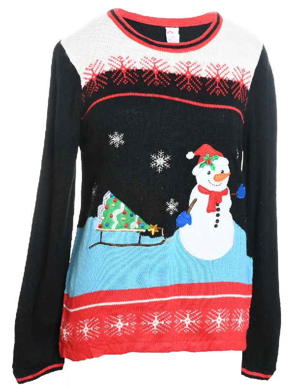 Snowman Design Black Knit Christmas Jumper - L