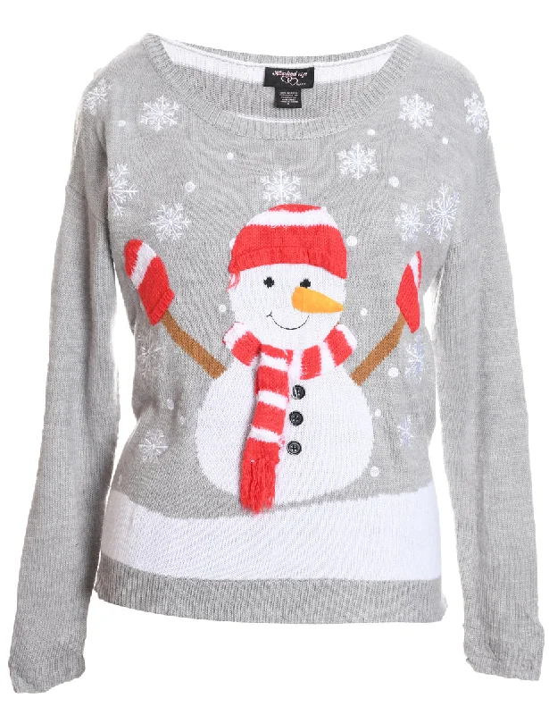 Snowman Design Light Grey, Red & White Christmas Jumper - L