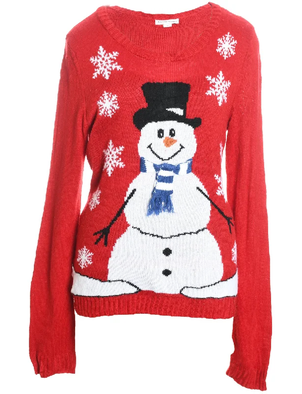 Snowman Design Red Knit Christmas Jumper - XL