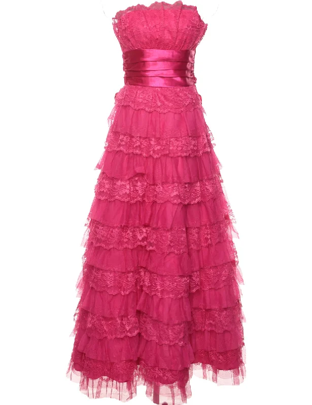 Strapless Lace Detail 1980s Pink Evening Gown - S