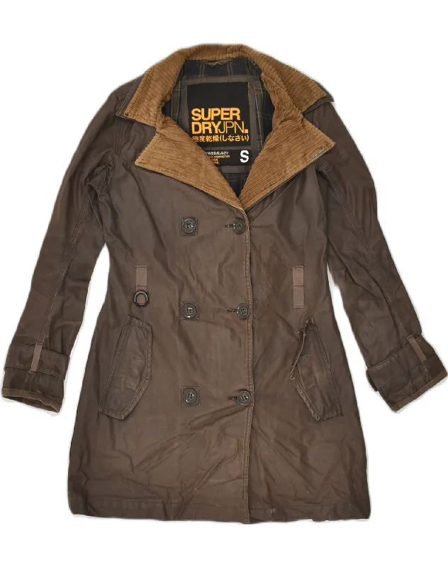 SUPERDRY Womens Wax Double Breasted Coat UK 10 Small Brown Cotton