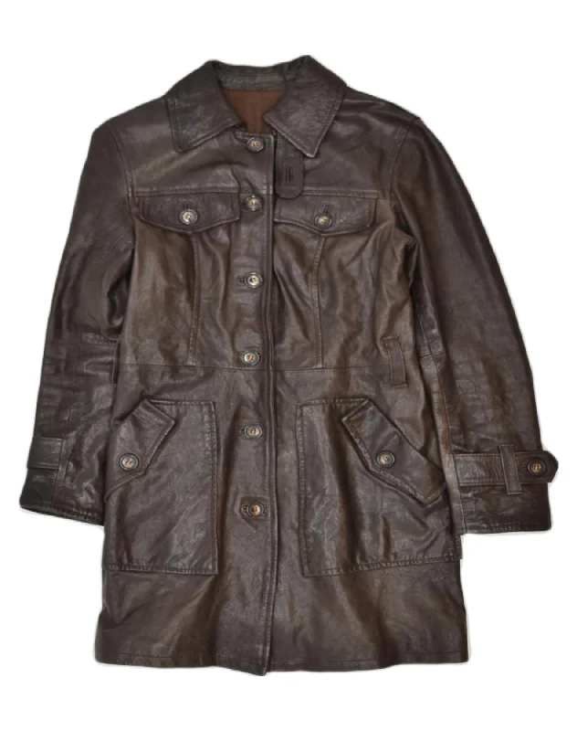 VINTAGE Womens Leather Coat IT 42 Medium Brown Leather Classic