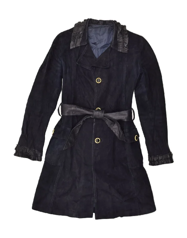 VINTAGE Womens Leather Coat UK 10 Small Navy Blue Leather