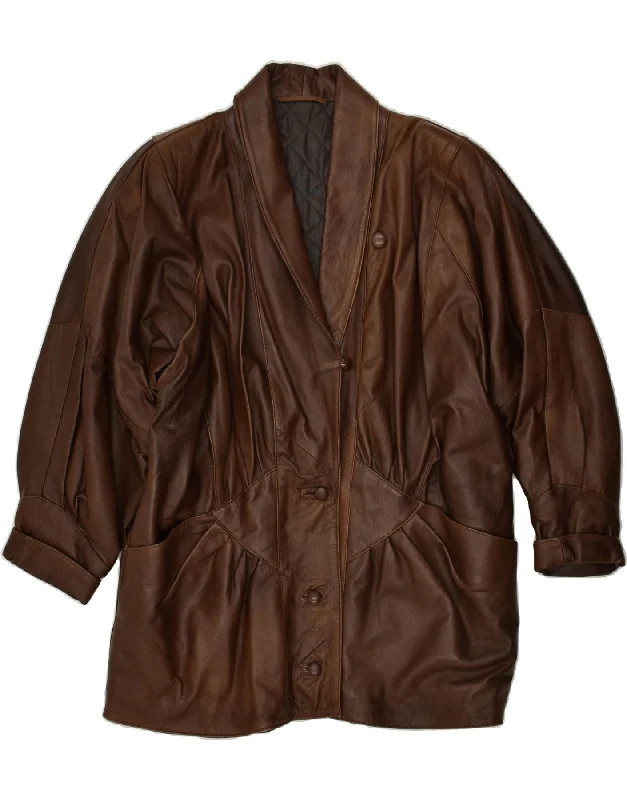 VINTAGE Womens Leather Coat UK 16 Large Brown Leather