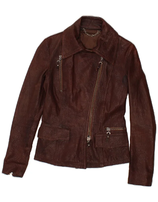 VINTAGE Womens Leather Jacket UK 10 Small Brown Leather