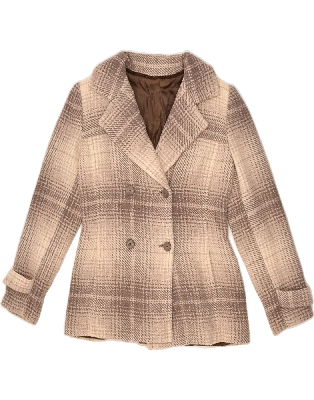 VINTAGE Womens Pea Coat UK 10 Small Beige Check