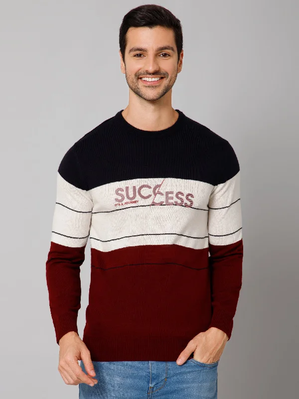 Printed Maroon Full Sleeves Round Neck Regular Fit Casual Sweater for Men