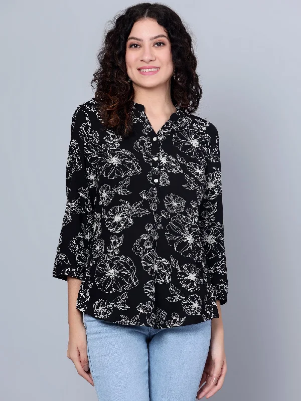 Women's Casual  Black Floral Print Mandarin Collar Tunic