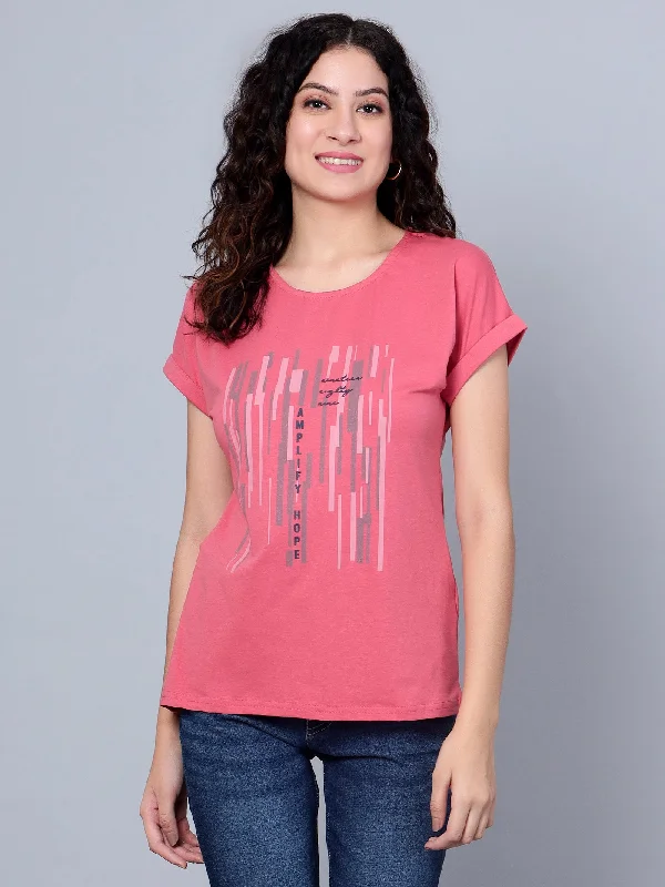 Women's Casual Extended Sleeve Dusty Pink Round neck Graphic Print T-Shirt