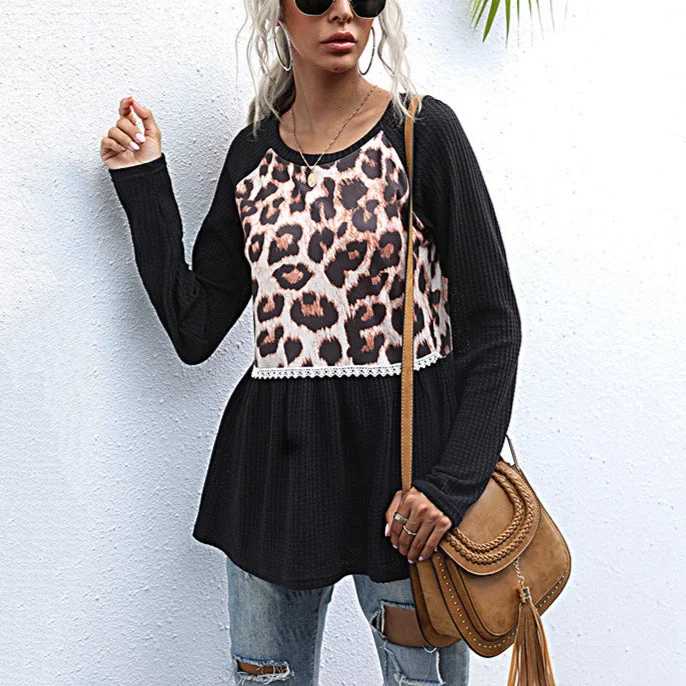 Casual Stitching Leopard Tops Loose Crew Neck Wholesale Womens Long Sleeve T Shirts