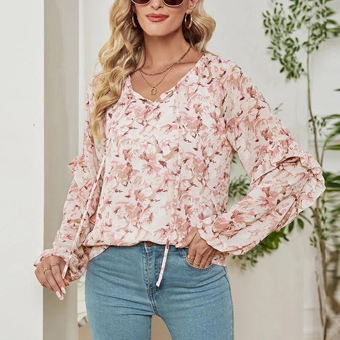 Chiffon Lace-up Print Tops Loose Causal Wholesale Womens Long Sleeve T Shirts