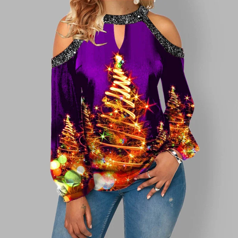 Christmas Print Off Shoulder T-Shirt Wholesale Womens Tops