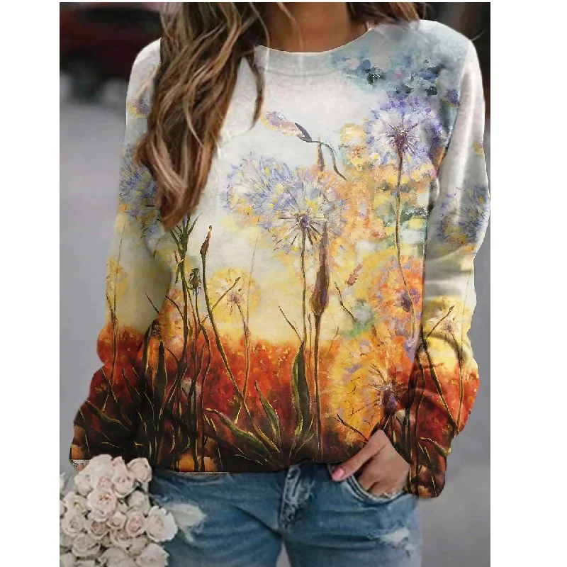 Fashion Print Tops Crew Neck Loose Wholesale Womens Long Sleeve T Shirts