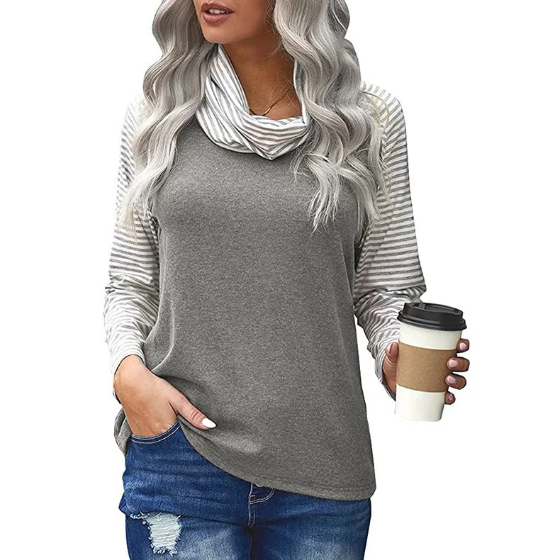 Fashion Striped High Neck Color Block Long Sleeve T-Shirt Wholesale Womens Tops