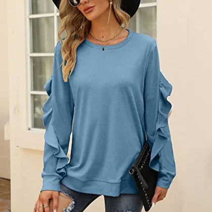 Ruffled Long-Sleeve Crew Neck T Shirts Wholesale Womens Tops