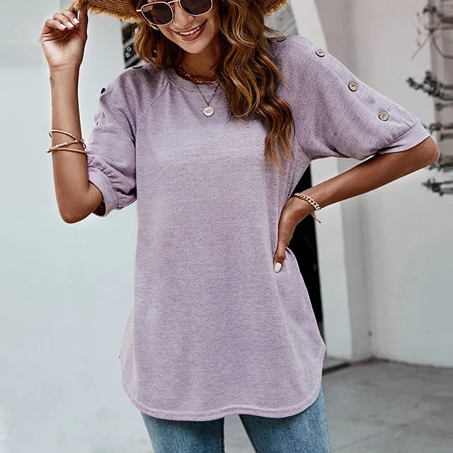 Solid Color Round Neck Button Casual T-Shirt Wholesale Womens Tops