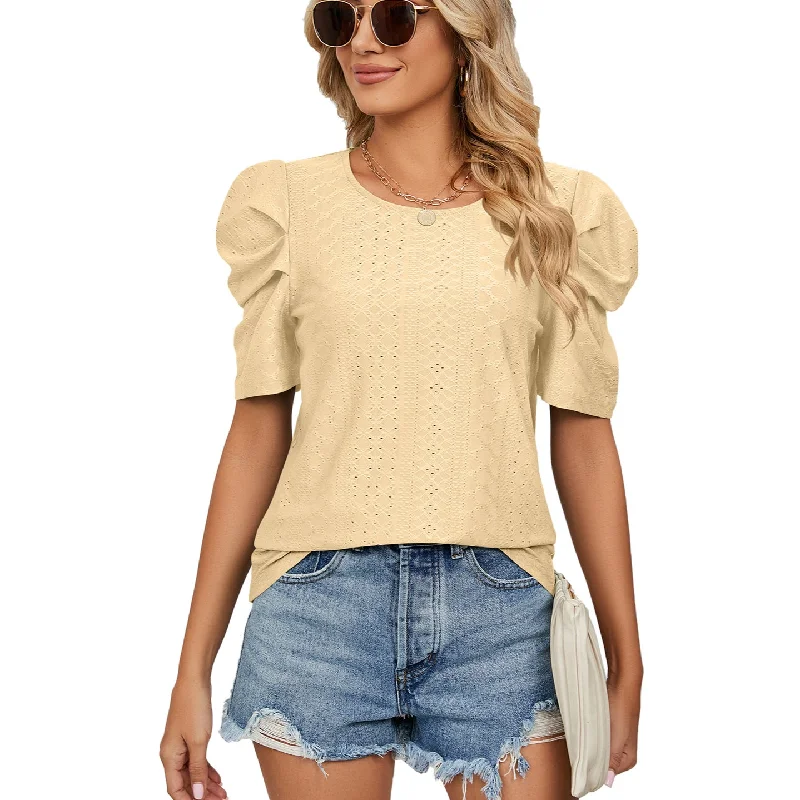 Solid Color Round Neck Pleated Loose T-Shirt Wholesale Womens Tops