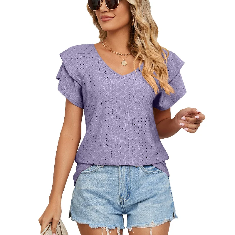 Solid Color V Neck Loose Short Sleeve T-Shirt Wholesale Womens Tops