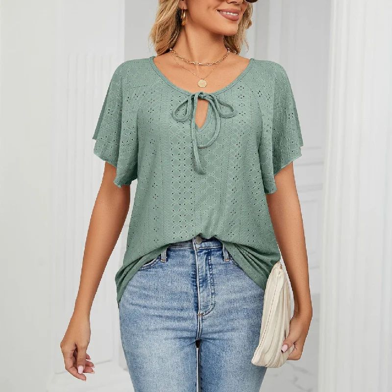 V-Neck Solid Color Tie Short-Sleeve Lace Hollow T-Shirt Wholesale Womens Tops