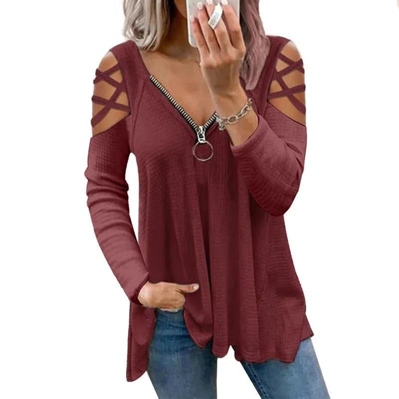 Zipper V Neck Loose Long Sleeve T-Shirts Wholesale Womens Tops