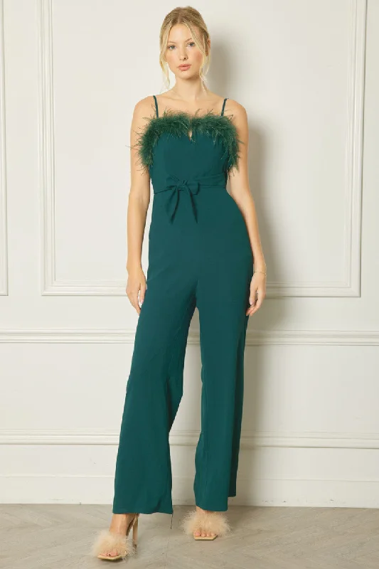 Entro Hunter Green Spaghetti Strap Jumpsuit Featuring Feather Trim Detail At Bust