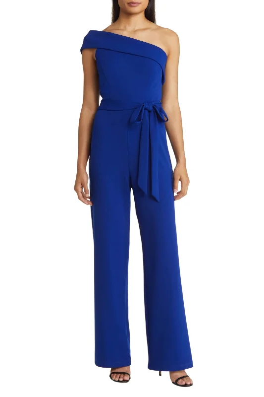 Marina One-Shoulder Stretch Crepe Foldover Neck Belted Waist Tie Jumpsuit