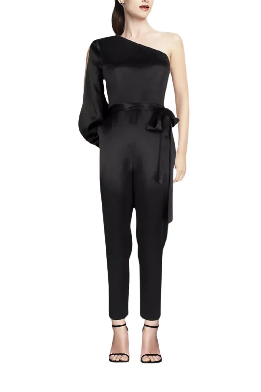 Aidan by Aidan Mattox Asymmetrical Shoulder Slit Long Sleeve Tie Side Functional Pocket Concealed Zipper Side Satin Jumpsuit