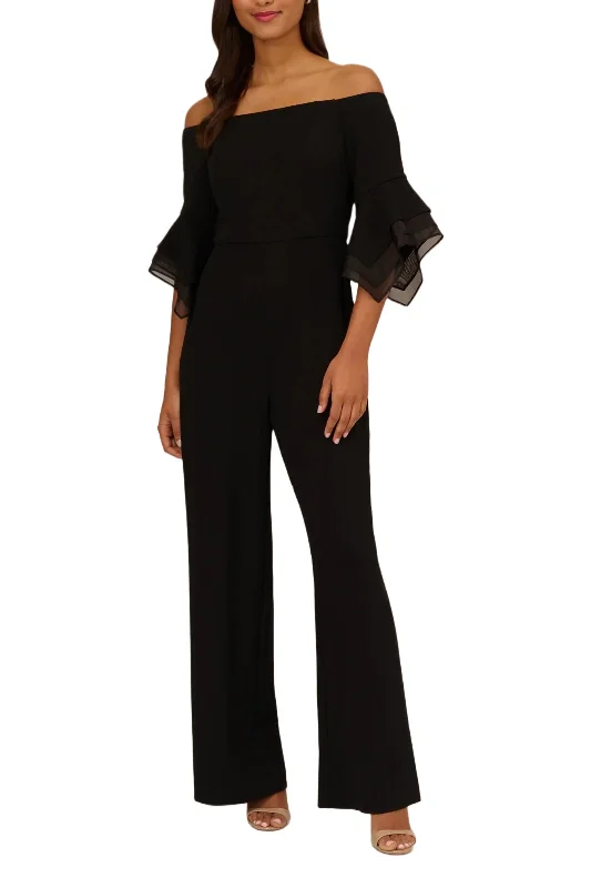 Adrianna Papell Off Shoulder Flounce Sleeve Zipper Back Jumpsuit