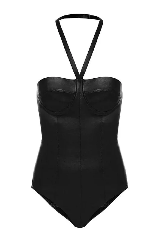 BLACK LEATHER HALTERNECK BODYSUIT