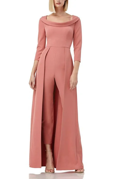 Kay Unger Scoop Neck 3/4 Sleeve Lapel Collar Solid Stretch Crepe Jumpsuit