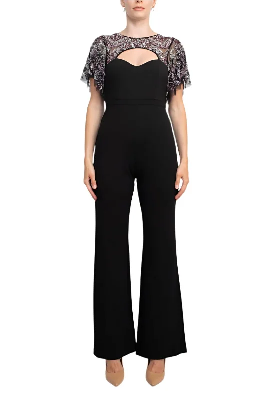 Aidan Mattox Crew Neck Cutout Front Short Sleeve Cutout Back Embellished Mesh Bodice Crepe Jumpsuit